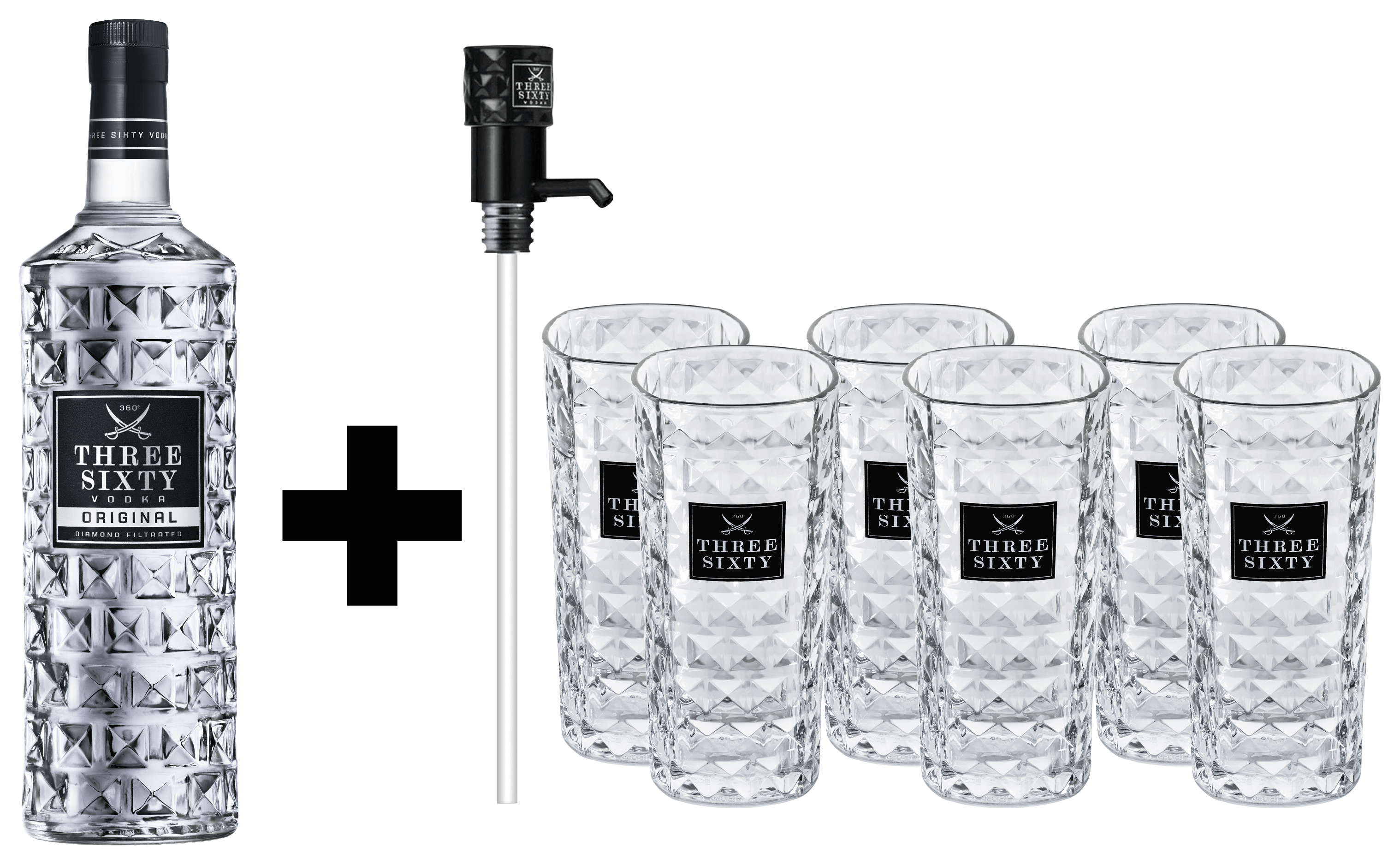 THREE SIXTY Vodka 3l 37,5% Vol. + THREE SIXTY Vodka 3l Flaschenpumpe + 6x THREE SIXTY Gläser 0,3l