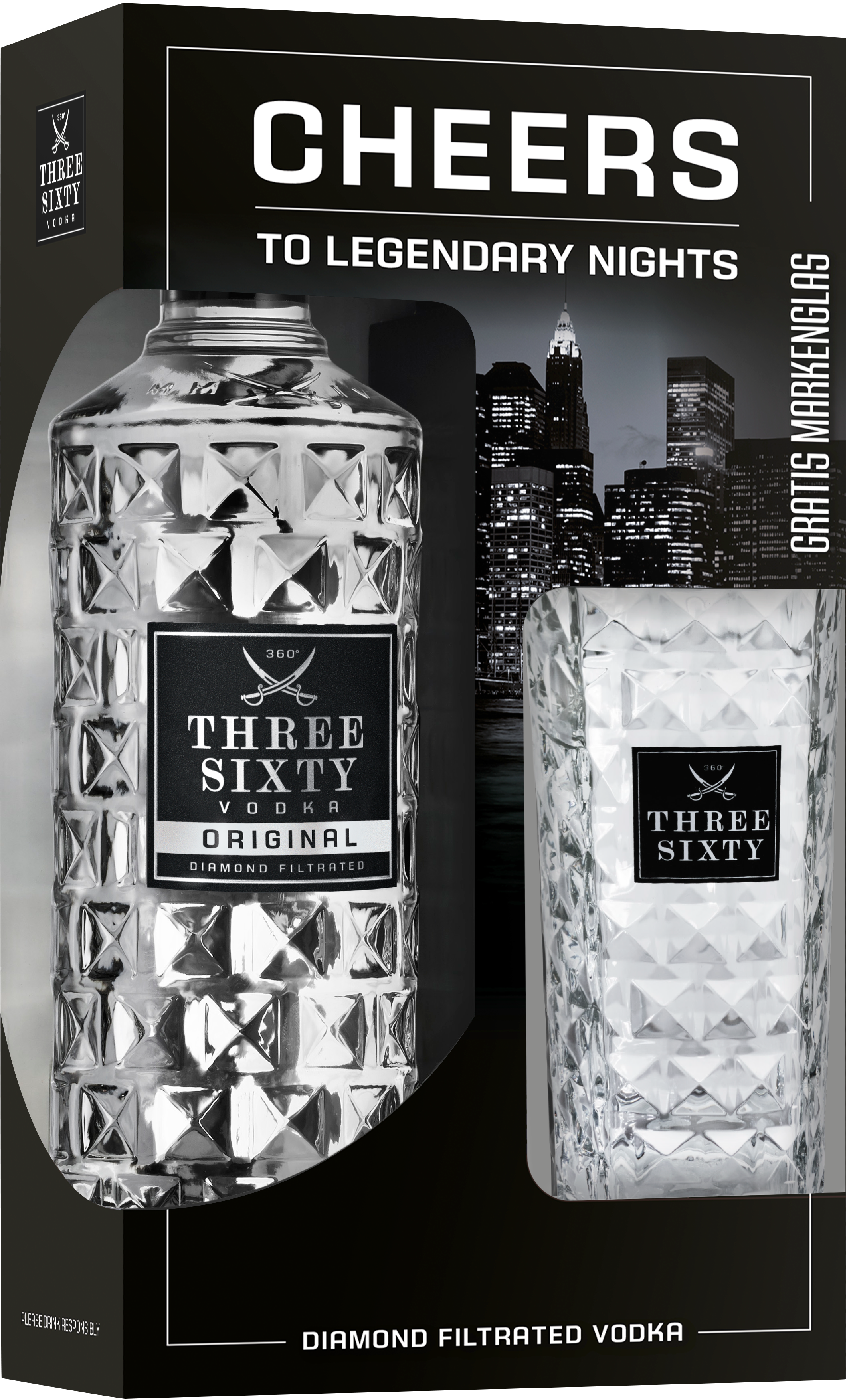Three Sixty Vodka 0,7L 37,5% vol. mit Gratis Longdrinkglas