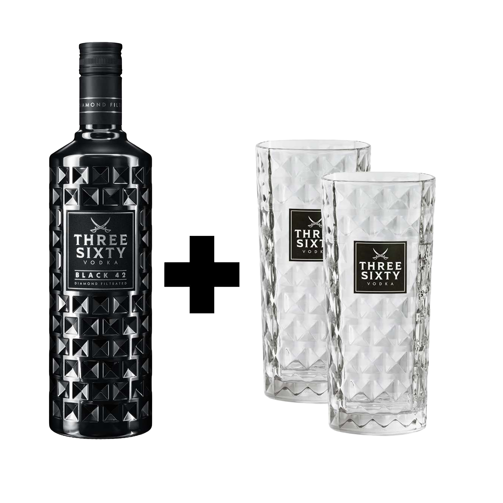 THREE SIXTY Vodka BLACK 42 0,7l 42% Vol. + 2x THREE SIXTY Glas 0,3l