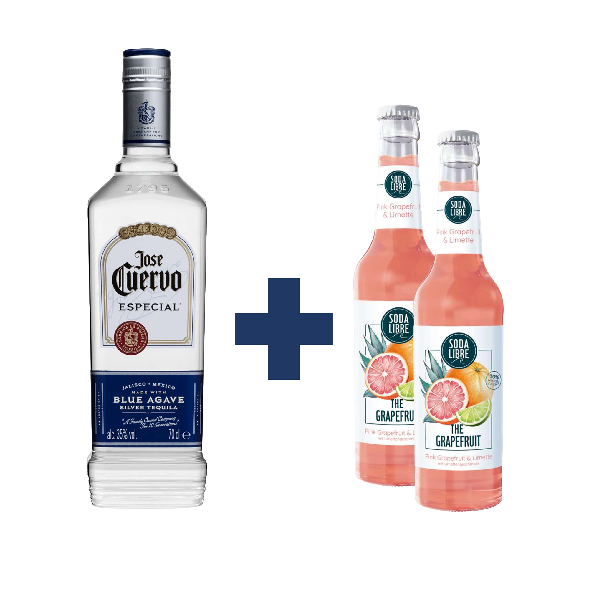 Jose Cuervo Especial Silver Tequila 0,7l 35% Vol. + 2x Soda Libre The Grapefruit 0,33l alkoholfrei