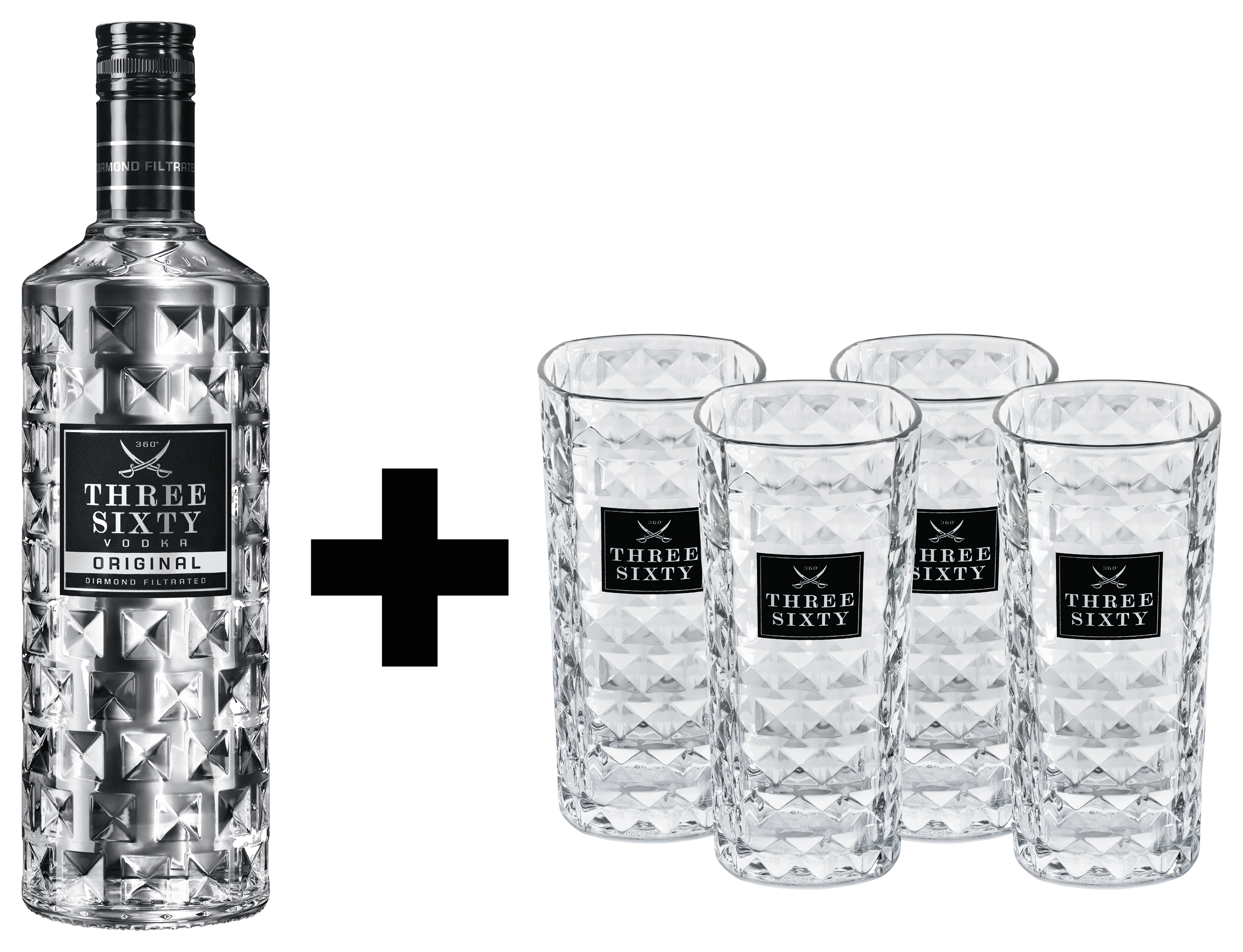 THREE SIXTY Vodka 0,7l 37,5% vol. + 4x THREE SIXTY Gläser 0,3l